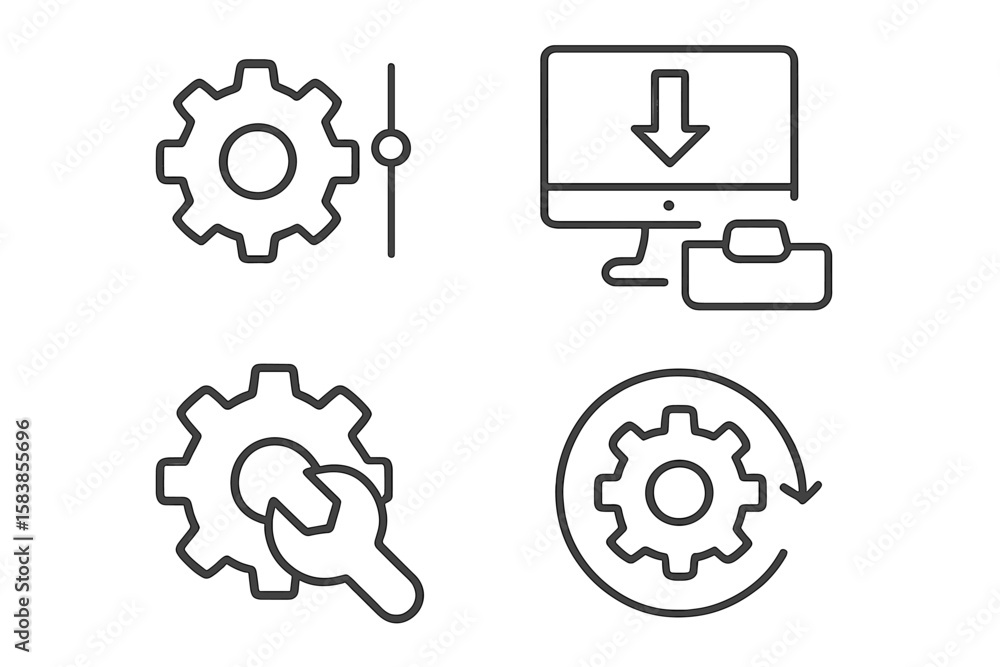 Poster settings and setup web icons collection in line style. gear, maintenance, update, download, configur