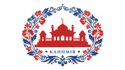 Majestic mosque silhouette with floral ornament in red and blue, ideal for travel branding and cultural symbol designs celebrating Kashmir.