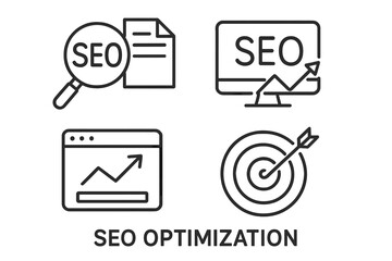 SEO Optimization Line Icons Set. Search Engine Marketing, Business Traffic Analysis, Website Ranking, Target Audience, Digital Strategy, Web Analytics, Growth Arrow, Thin Outline Vector Illustration