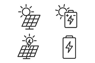 Solar Energy and Battery Storage Line Icons Set – Renewable Power Generation, Photovoltaic Panels, Electricity Storage, Clean Energy Outline Symbols for Sustainable Technology Concepts