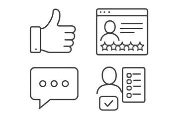 Linear Style Feedback Icons Collection &ndash; Thumbs Up, Five Star Rating, Comment Bubble, User Survey Checklist &ndash; Outline Concept for Review, Opinion, Internet Content, Social Media Interaction