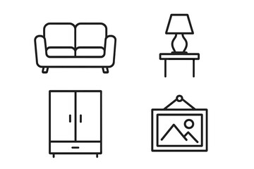 Modern Linear Furniture Icons Set – Minimalist Outline Sofa, Lamp, Wardrobe, Wall Art – Home Interior Essentials, Residential and Public Space Furnishing, Contemporary Pictogram Collection