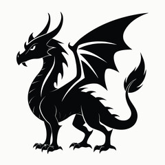 Majestic black dragon silhouette with spiked wings and horns standing proudly against a white background