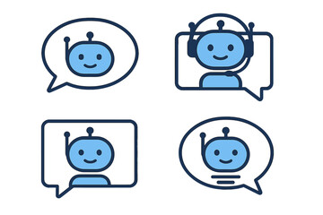 Set of 4 Modern Chatbot Vector Icons in Flat Style – AI Customer Service Bot, Online Support Assistant, Tech Chat Messenger, Virtual Helpdesk, Digital Communication, User Support Concept