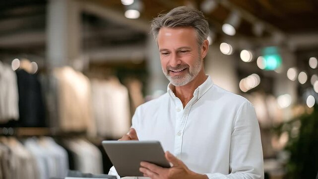 Bearded man reviews customer loyalty program and purchase history on sleek tablet while standing beside curated fashion display in digital-first retail setting