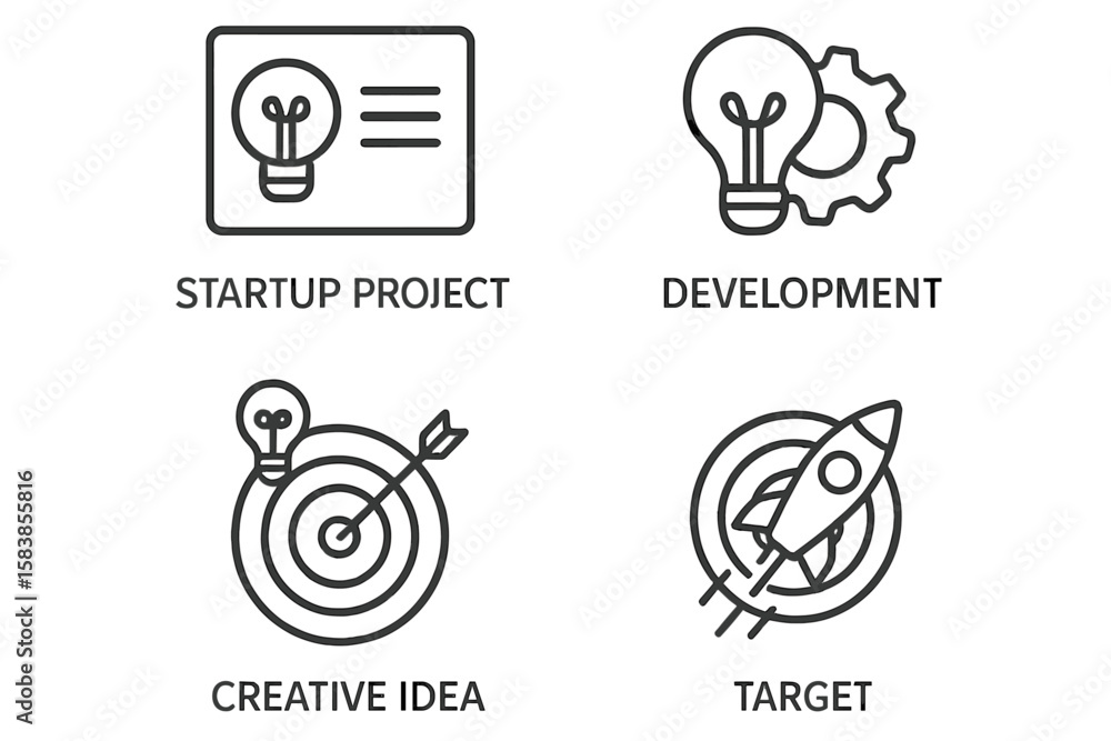Aufkleber startup project and innovation vector icons set. line style business development, creative idea, tar