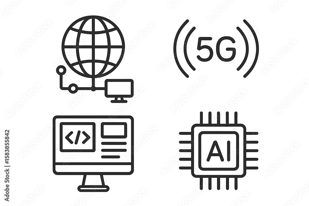 Poster modern technology web icons set in line style. network connectivity, 5g wireless, computer programmi