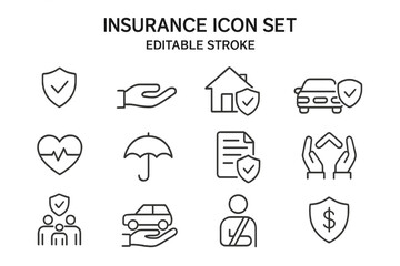 Comprehensive Insurance Icon Set, Editable Stroke, Thin Line Vector Collection: Health, Life, Car, Home, Family, Document, Protection, Financial, Safety, Umbrella, Transparent Background