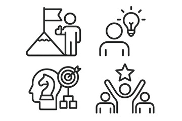 Obraz premium Business Success and Achievement Icons Set. Linear Style Vector Collection. Leadership, Innovation, Strategy, Teamwork, Winner, Goal, Motivation, Business Development, Career Growth, Achievement