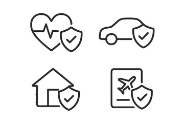Set of 4 Insurance Line Icons: Health, Car, Home, and Travel Protection Symbols for Web and Mobile Apps, Assurance, Safety, Security, Risk Management, Policy Coverage, Vector Illustration