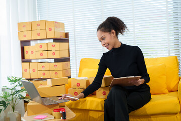 Online Shop Prep: A young woman meticulously prepares online shop orders at home. The scene...