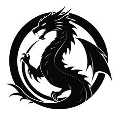 Fierce black dragon emblem embodied within a circular design symbolizing power and mythical strength