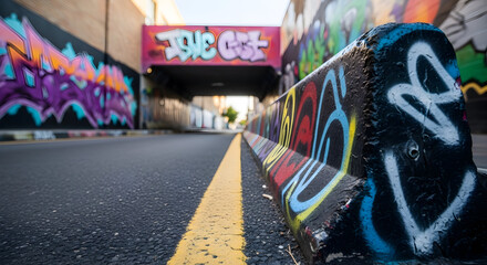 Fototapeta premium Urban Canvas: Vibrant Graffiti Art on Street Barriers Underneath a Concrete Overpass