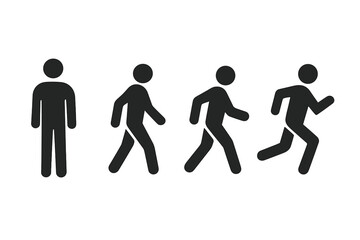 Standing, Walking, Running Man Silhouette Icon Set. Human Motion Sequence. Stick Figure Person in Different Movement Poses. Black Vector Illustration Isolated on White. Activity Progression Concept.