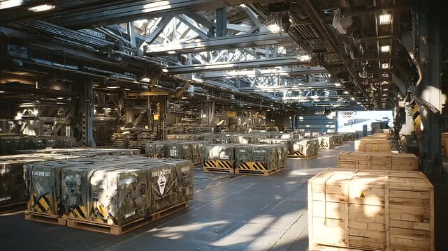 Wide-angle view of an air base hangar filled with cruise missiles, crates marked with hazard symbols, steel overhead crane system casting shadows