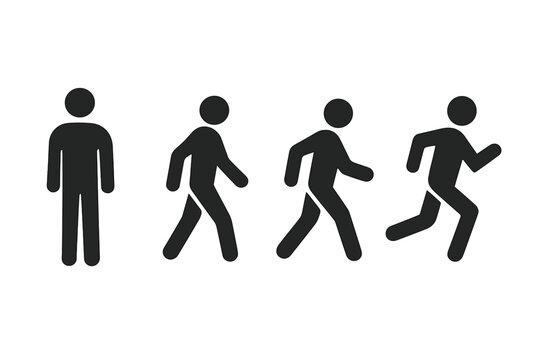 Standing, Walking, Running Man Silhouette Icon Set. Human Motion Sequence. Stick Figure Person in Different Movement Poses. Black Vector Illustration Isolated on White. Activity Progression Concept.