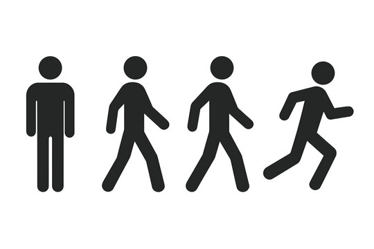 Standing, Walking, Running Human Silhouette Icon Set. Evolution of Motion. Stick Figure People Pictogram Collection. Vector Illustration. Transparent Background. Fitness, Activity, Exercise Concept.