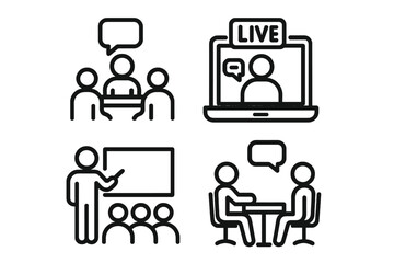 Business Meeting and Webinar Icon Set in Modern Line Style. Virtual Conference, Team Collaboration, Classroom Presentation, Interview Discussion. Online Learning, Remote Work, Communication Concept