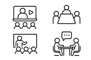 Business Meeting and Communication Icons Set. Line Style Vector Illustrations of Webinar, Conference, Team Discussion, Classroom Training, Interview, and Group Collaboration for Web and Mobile Apps