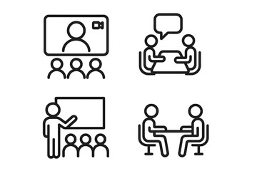 Business Meeting and Communication Line Icons Set. Virtual Webinar, Online Conference, Interview, Team Discussion, Classroom Training, Presentation. Modern Outline Vector for Web and Mobile Apps