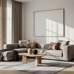 Modern living room interior with blank frame sofa and coffee table