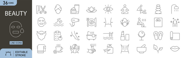 Beauty icons set. Includes icons for makeup, skincare, mirror, lipstick, nail polish, cream jar, face mask, salon tools, and beauty treatment. Editable stroke. Line icons. Perfect for infographics.
