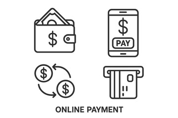 Online Payment Icons Set, Digital Wallet, Mobile Payment, Money Transfer, Credit Card, Banking, Cashless Transaction, E-Wallet, Line Style Vector Collection