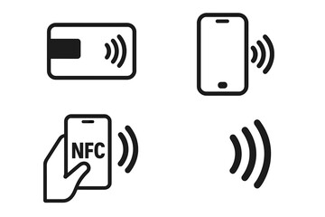NFC Wireless Payment Technology Icons Set. Contactless Payment Methods with NFC Smartphone, Mobile Phone, Credit Card. Digital Wallet, Tap to Pay, Secure Wireless Transaction, Modern Payment Solutions