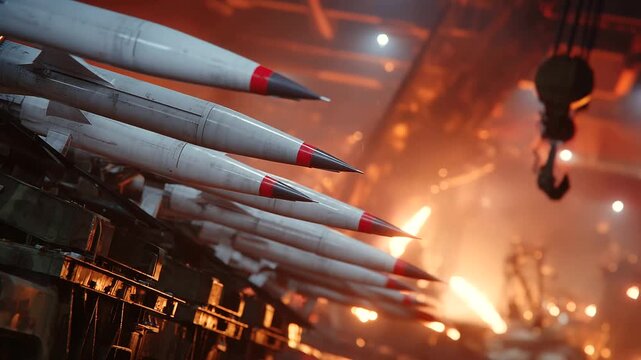 Close-up of guided missiles aligned on reinforced racks, red warhead tips gleaming under harsh industrial lighting, with a crane hook hanging ominously above