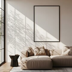 Modern living room interior with blank frame sofa and natural light