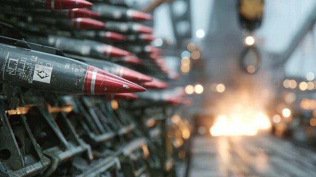 Close-up of guided missiles aligned on reinforced racks, red warhead tips gleaming under harsh industrial lighting, with a crane hook hanging ominously above