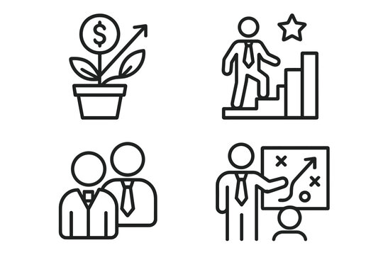 Business Growth and Success Line Icons Set. Personal Development, Career Progress, Teamwork, Leadership Strategy, Profit Increase. Modern Web and Mobile App Vector Illustration