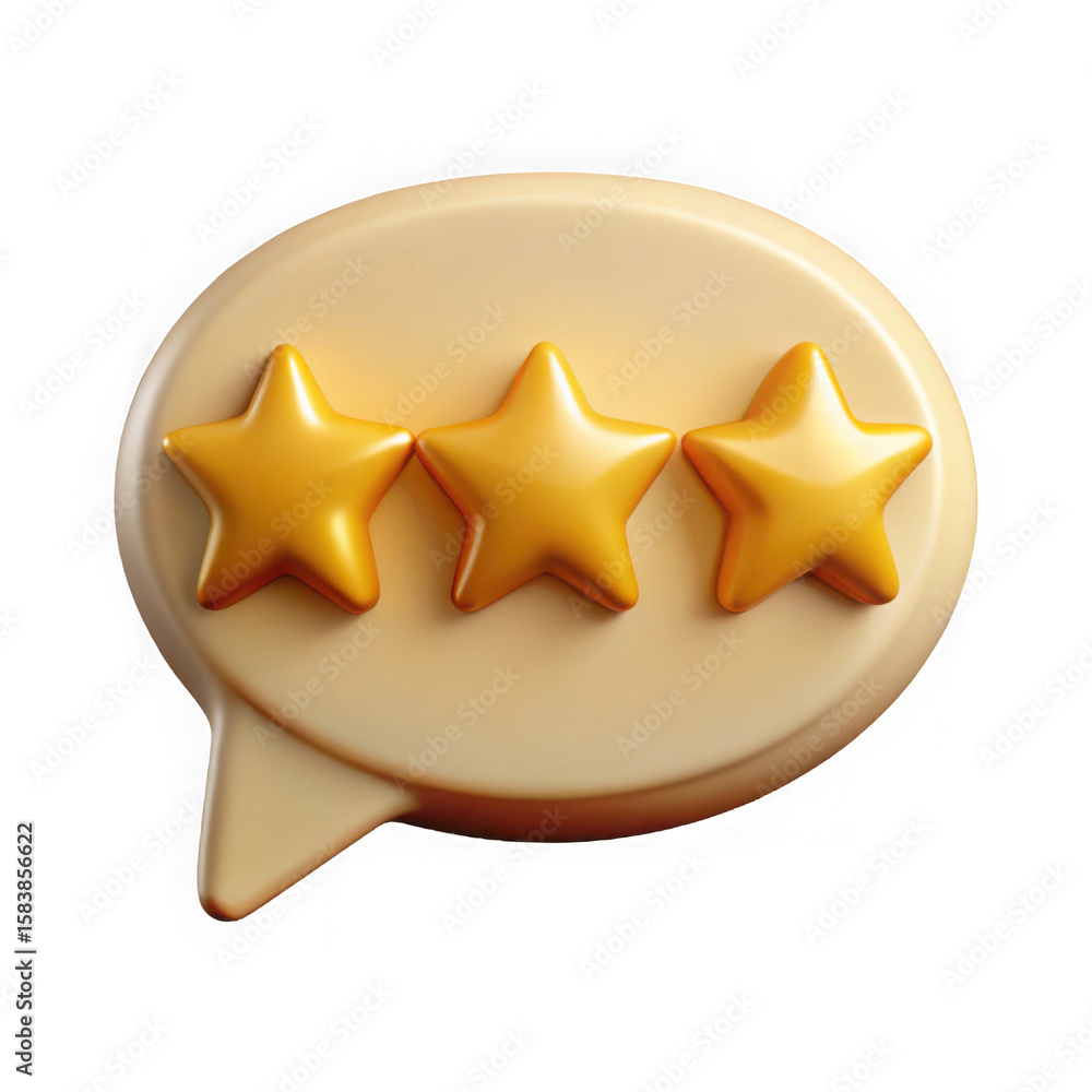 Poster three golden stars displayed on a speech bubble representing a customer review or rating isolated on