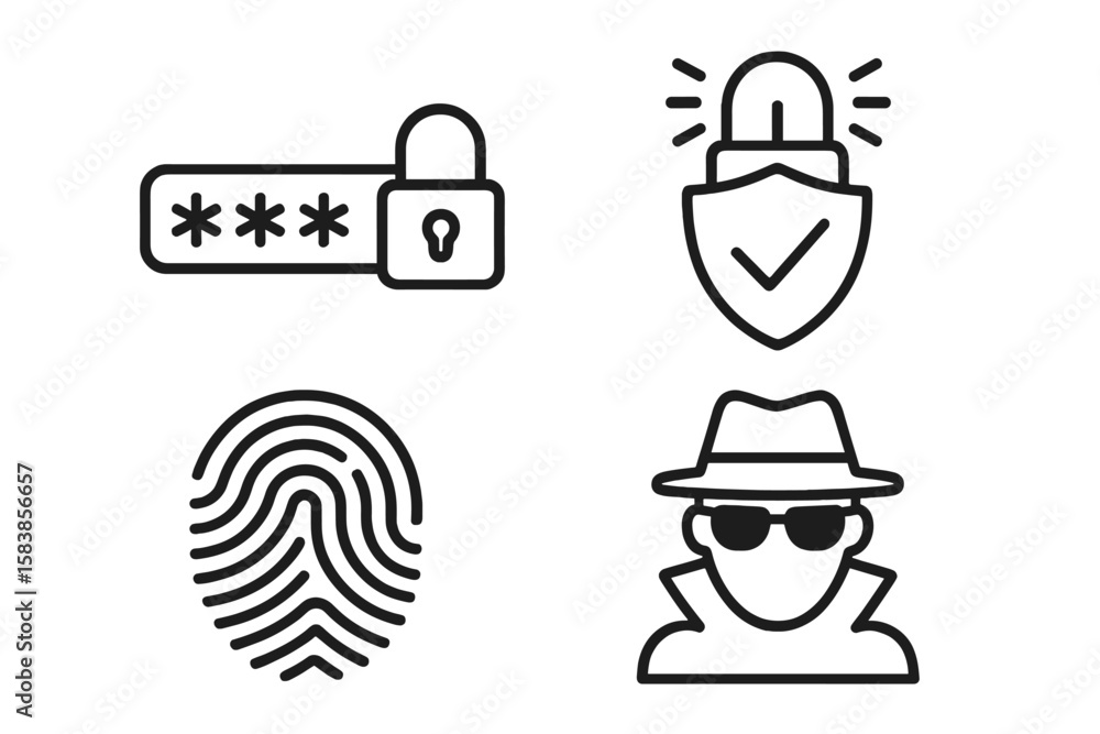 Poster cyber security and internet protection line icons set. password lock, secure shield, fingerprint aut