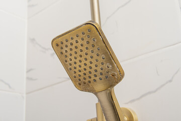 Plaque from hard water on golden shower head. Calcareous plaque closeup. Water stone