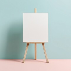 Blank canvas on wooden easel with pastel background