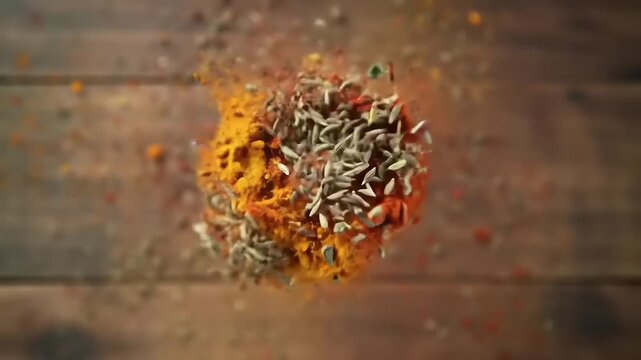 Spice Explosion with Wooden Table.
