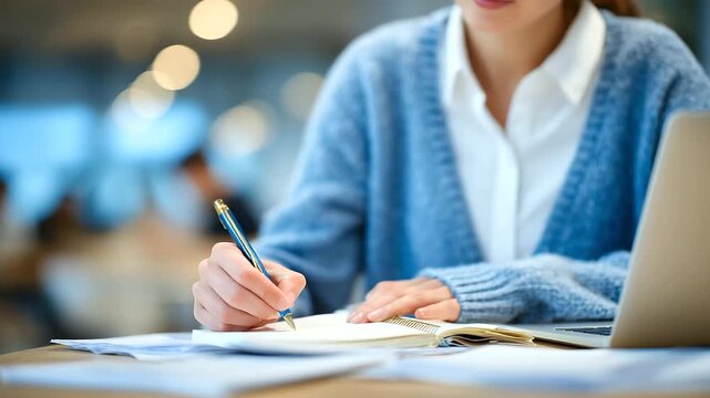 Focused shot of feminine hand scribbling notes with elegant pen in lined notebook, surrounded by scattered papers and a laptop keyboard blurred in the background, symbolizing work