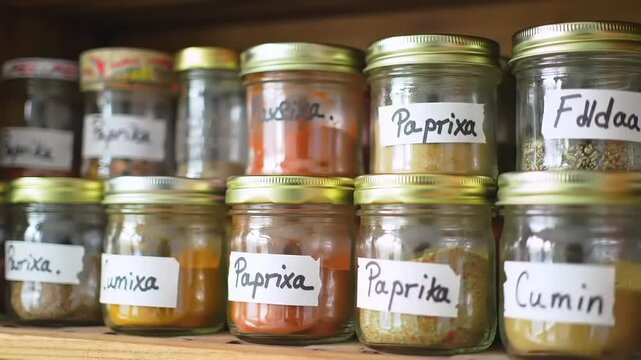 Spices in Glass Jars on Shelf.