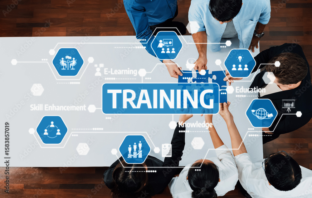 Poster a dynamic training session showcasing diverse individuals collaborating on skill enhancement and kno