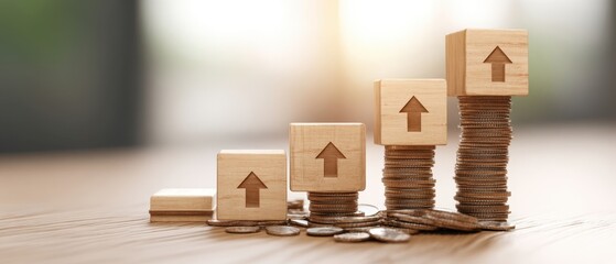 The wooden blocks and coins illustrating financial growth and investment strategy
