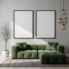 Modern living room interior with green sofa and two blank picture fram