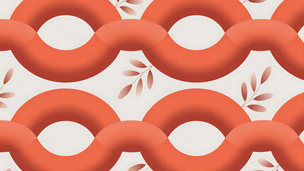 Seamless pattern of interlocking orange rings with delicate leaf accents