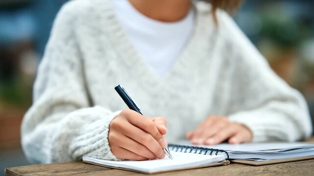 Close-up of a woman&rsquo;s hand making handwritten notes in a spiral-bound notepad, wooden desk surface textured underneath, pen tip touching paper with precision, creative flow and stu