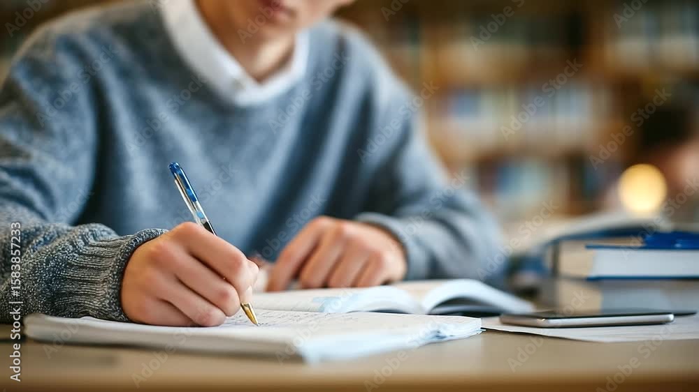 Poster focused shot of hand writing notes with ballpoint pen in a college notebook, study desk cluttered wi