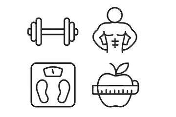 Set of 4 Sport and Fitness Line Style Icons for Web and Mobile Apps – Gym Equipment, Muscle Building, Weight Scale, Healthy Diet and Nutrition Symbols for Active Lifestyle