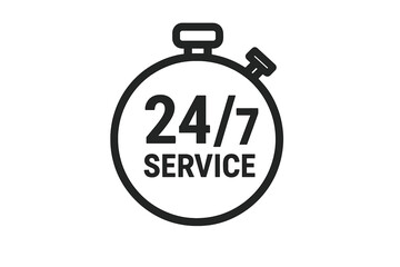 24/7 Service Support Icon, Stopwatch Symbol, Around-the-Clock Assistance, Customer Service Availability, Twenty Four Seven, Day and Night, Nonstop Help, Open All Hours, Vector Illustration