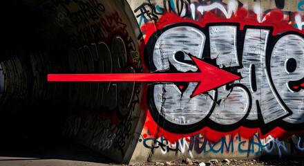 Obraz premium Vibrant graffiti with a bold red arrow pointing from darkness to artistic expression and urban creativity