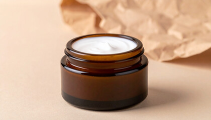 Luxurious cream in brown jar. Skincare product, organic cosmetic. Premium packaging.
