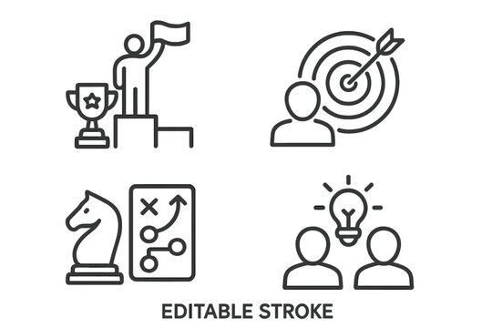 Business Success and Achievement Line Icons Set. Leadership, Teamwork, Strategy, Winner, Goal, Trophy, Planning, Innovation, Target, Motivation, Chess, Lightbulb, Collaboration, Victory Concept